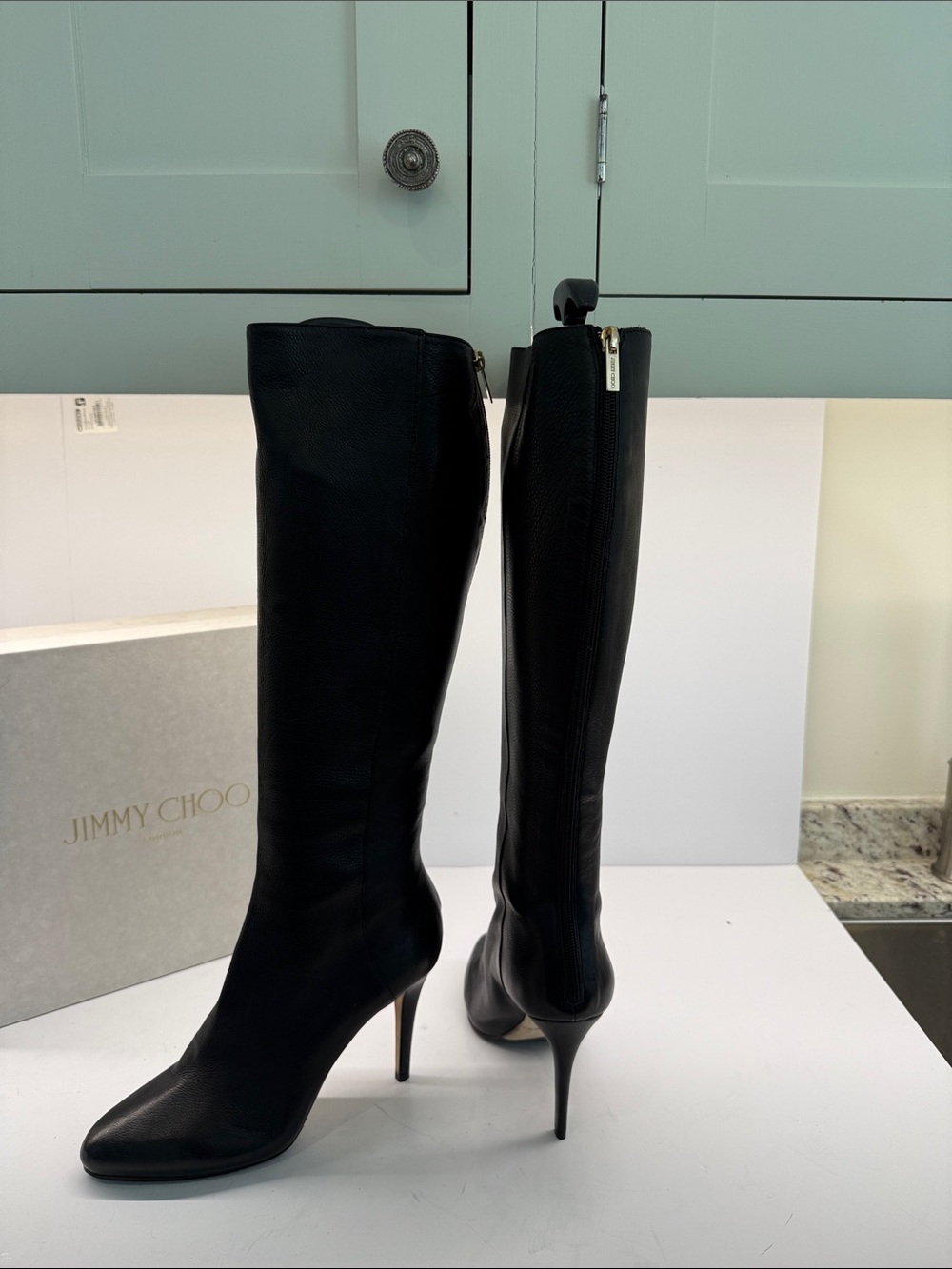 Jimmy Choo Black Leather Knee-High Stiletto Boots